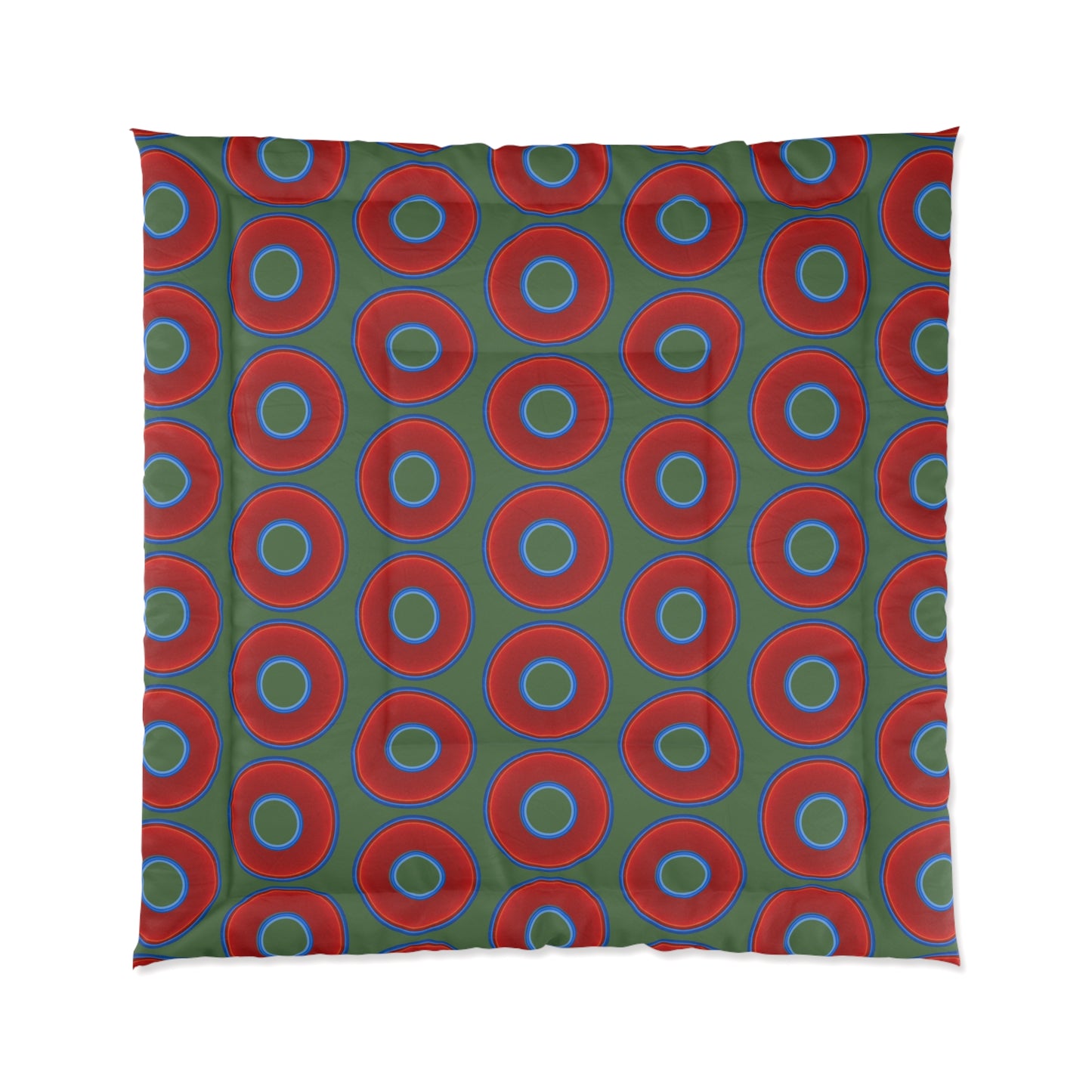 The Very Lumpy Comforter - vivid red donuts w/dark green background