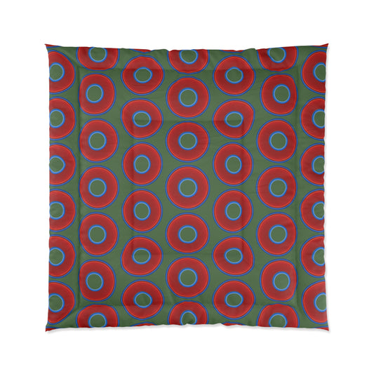 The Very Lumpy Comforter - vivid red donuts w/dark green background