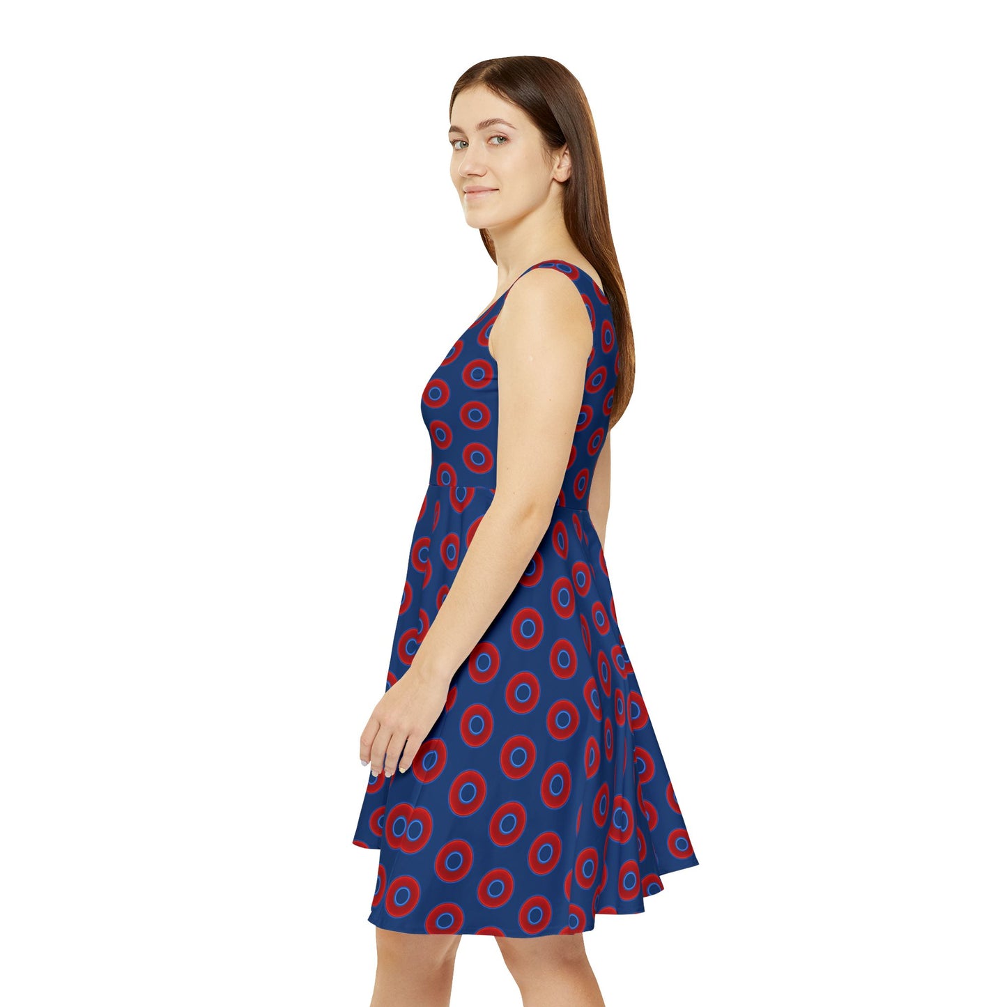 Women's Skater Donut Dress - vivid red donut print w/Atlantic navy background