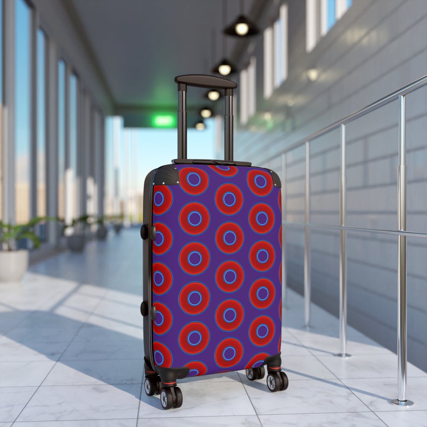 The Very Lumpy Donut Suitcase series - your choice of S, M or L - vivid red donut print w/dark purple background
