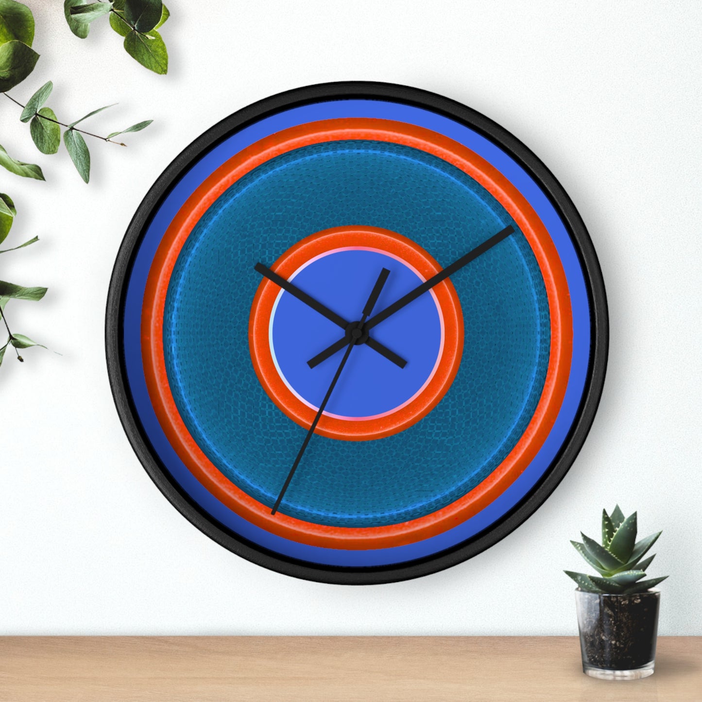 Lumpy Wall Clock - blue rustic donut w/light red/orange edging - variant 4 w/royal blue background