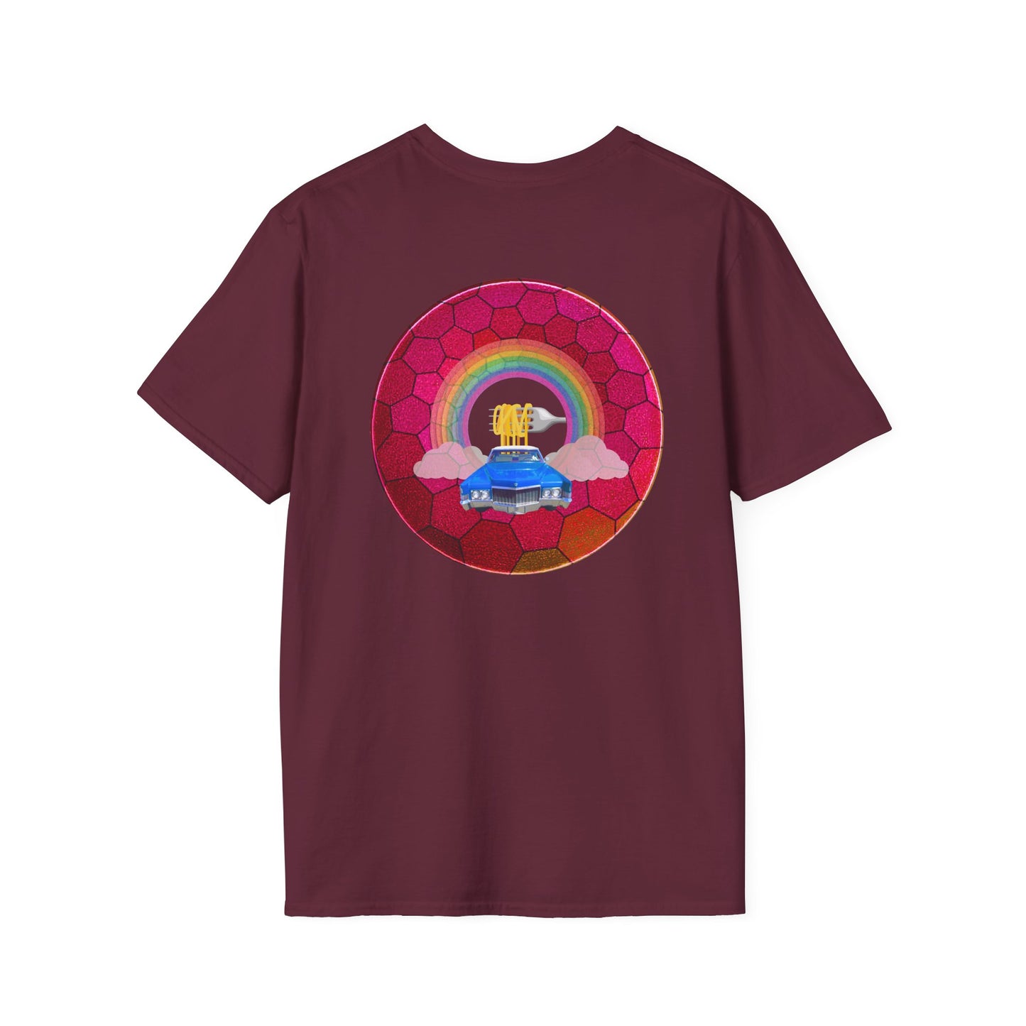 Classic Donut Tee - Unisex Soft-Style - "Cadillac Rainbows Donut Tee " - variant 2 - magenta hexadonut w/blue caddy