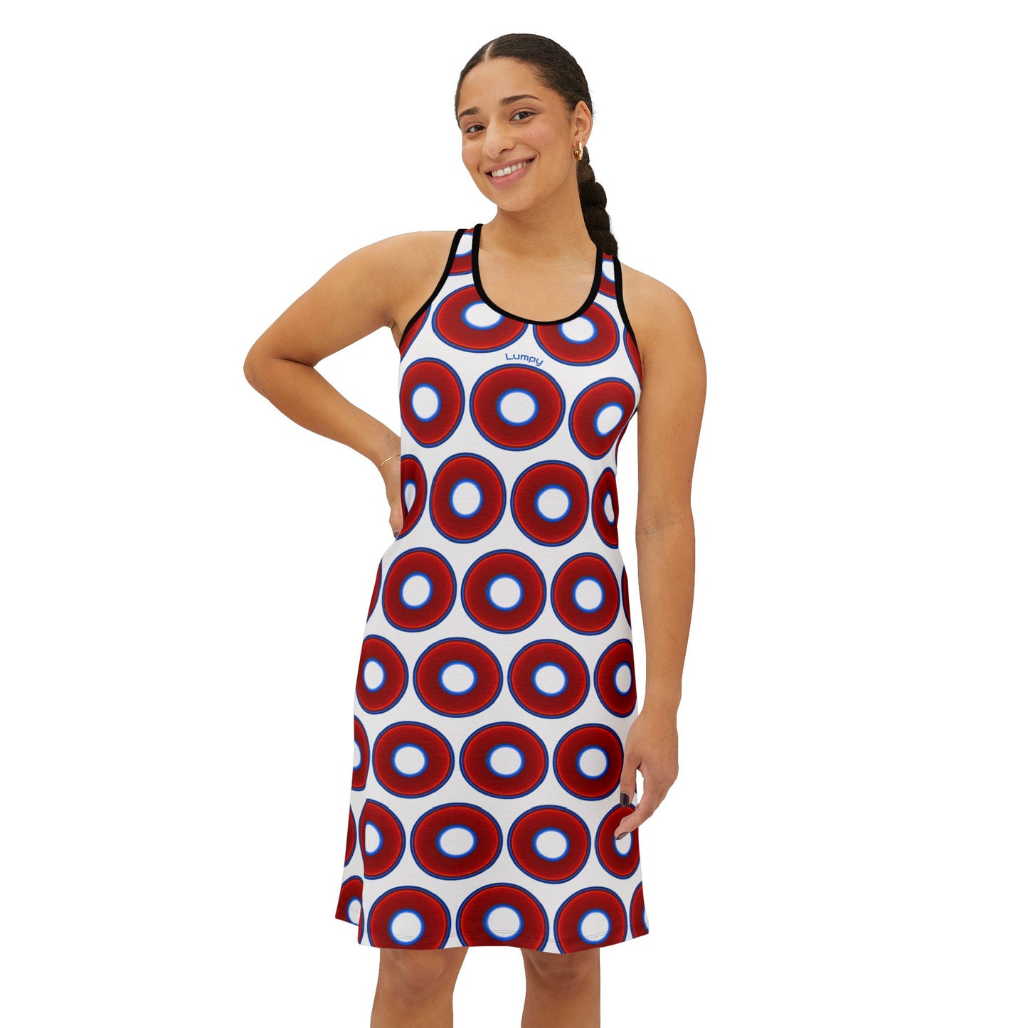 Tela's Lumpy Racerback Donut Dress - red vivid donut print w/white background