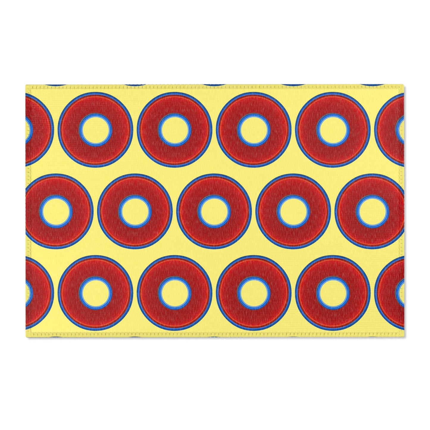 Lumpy Donut Print Rug - choice of 3 sizes - vivid red donut print w/yellow background