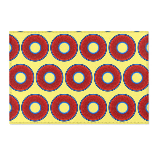 Lumpy Donut Print Rug - choice of 3 sizes - vivid red donut print w/yellow background