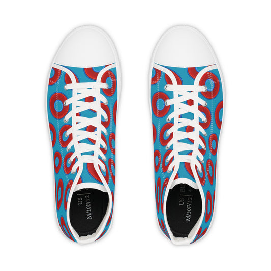 Men's High Top Chucks - large vivid red donut print w/aquamarine blue background