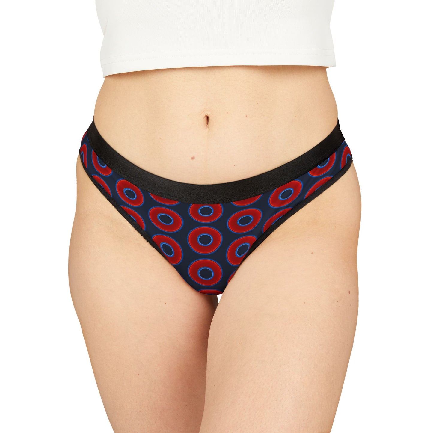 Lumpy Donut Thongs - red vivid donut print w/dark deal elite blue background