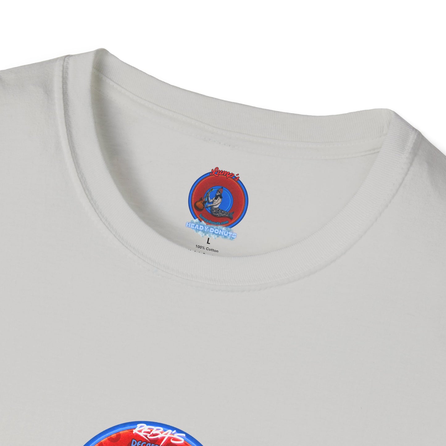 Coffee Traders Tee - Unisex Soft-Style - "Reba's Decaf: Coffee Grounds & Mud " - paradoxical donut - variant 3- front Reba/back logo