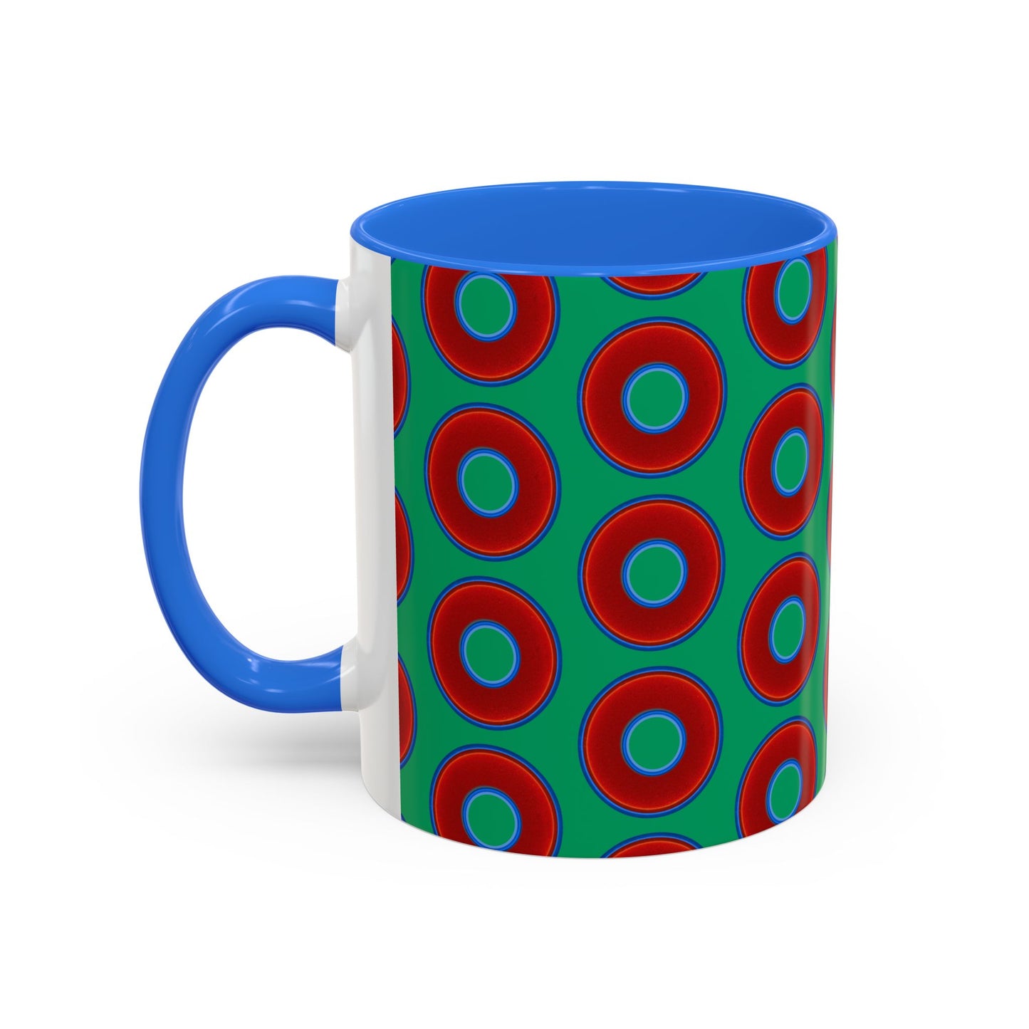 Lump's Grumpy Coffee Mug - vivid red donuts w/jade green background