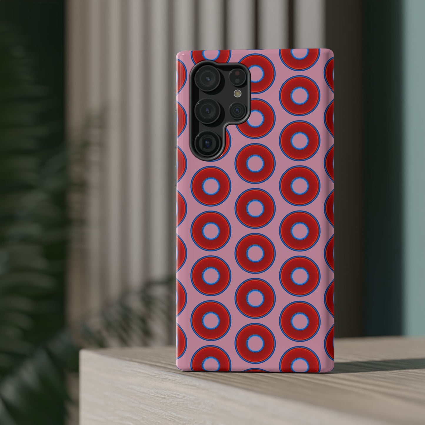 Impact-Resistant Lumpy Donut Case - red vivid donut print w/pale magenta background