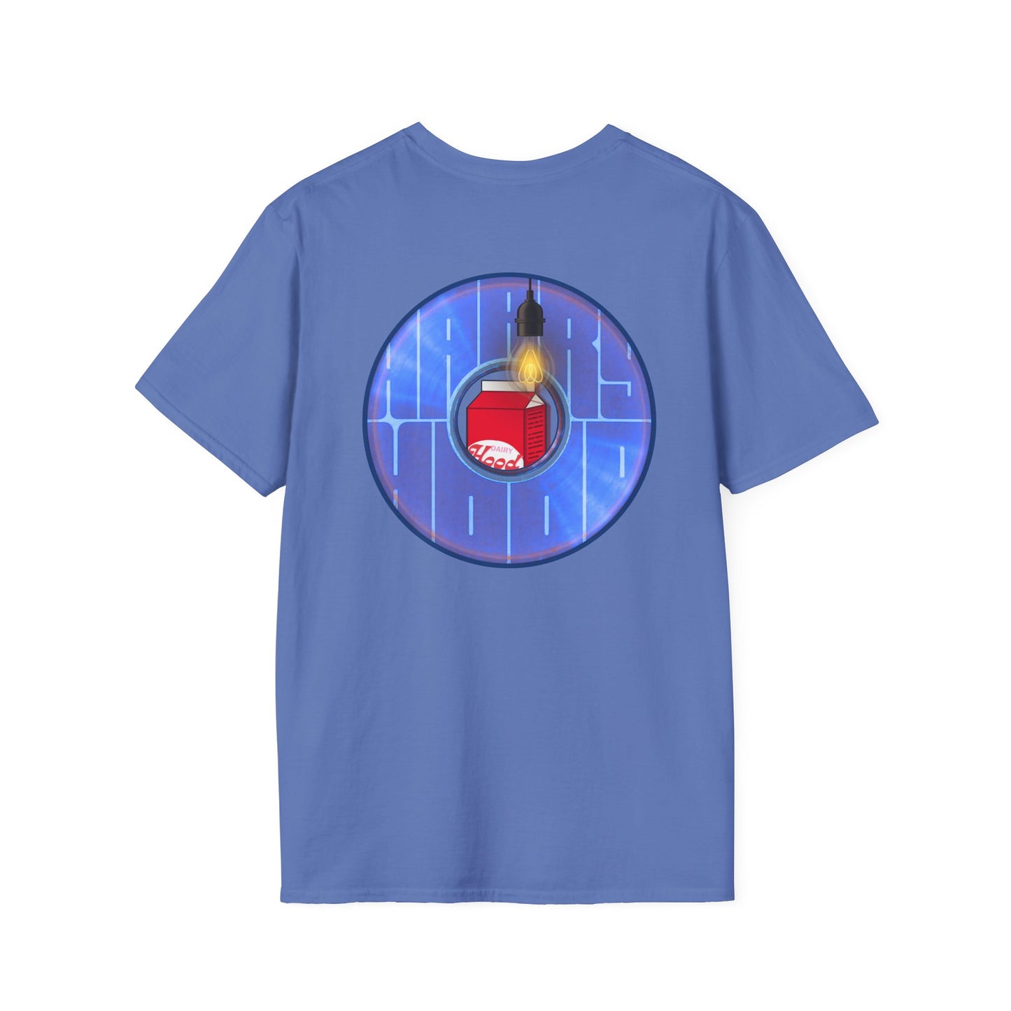 Classic Donut Tee - Unisex Soft-Style - "Harry Left His Shirt" - series 1.0  - variant 4 - purple/blue donut - w/light on