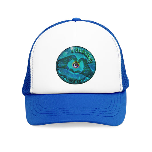 Lumpy Trucker Hat - "Never Miss a Sunday " - variant 1 - turquoise donut