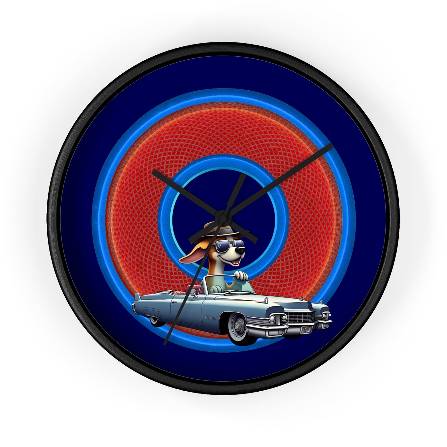 Lumpy Wall Clock - "Jimmy's Marathon Donuts" - variant 1 - rustic red donut w/dark blue background
