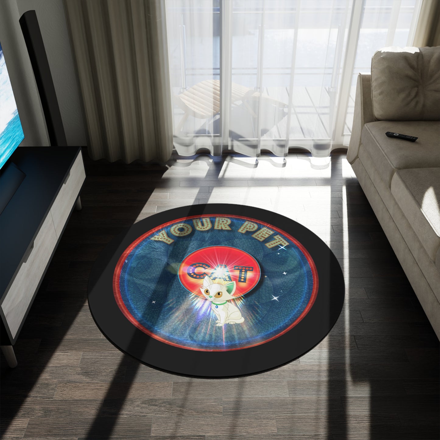Round Room - 5 ft x 5 ft Lumpy Donut Rug - "Your Pet Cat's Phavorite Rug" - symmetrical feline donut w/black background