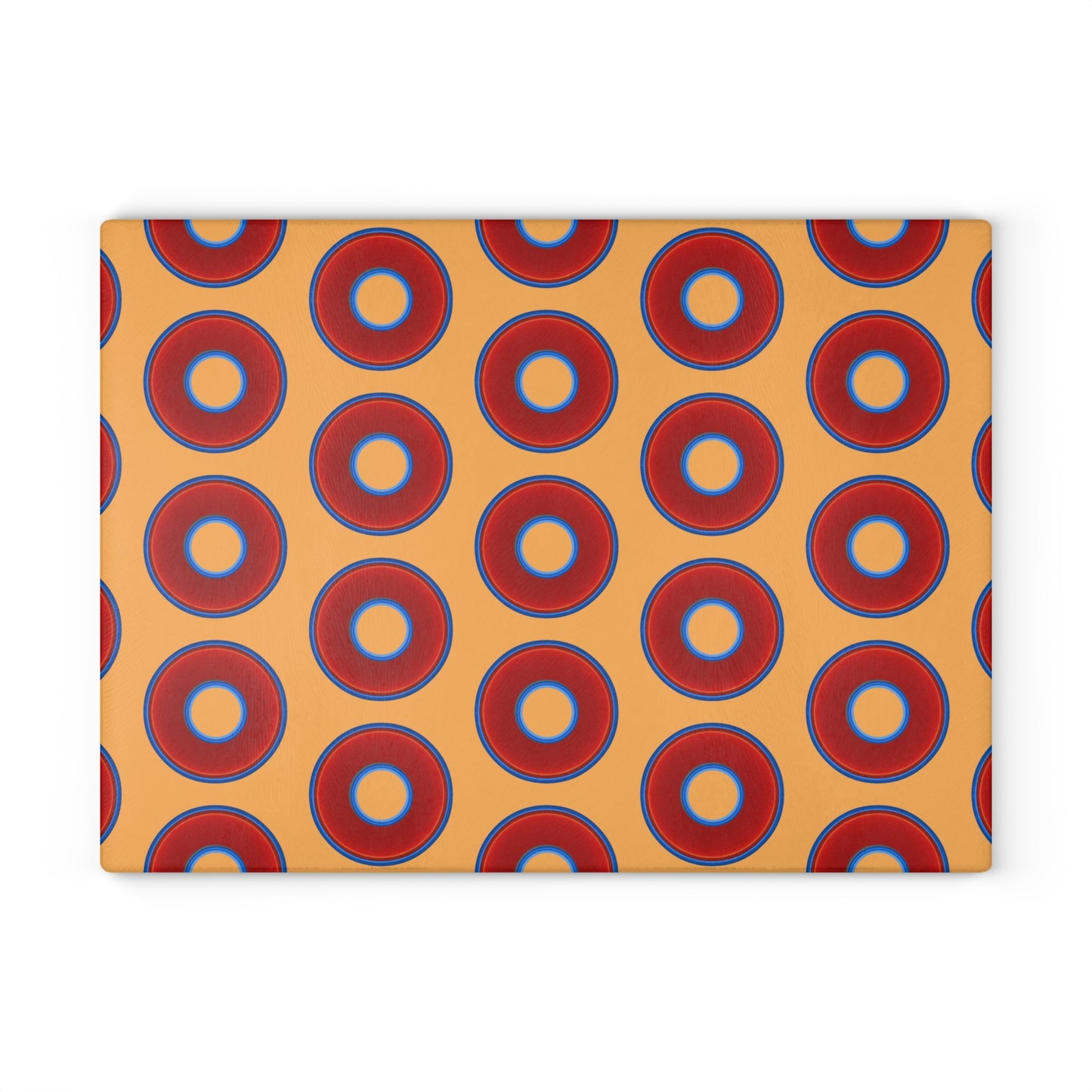My Friend's Cutting Board - vivid red donuts w/creamsicle orange background