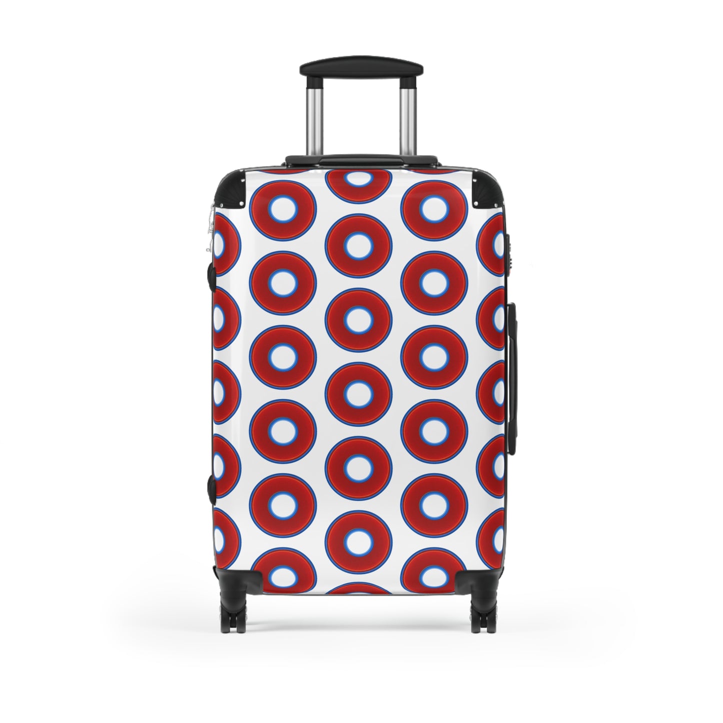 The Very Lumpy Donut Suitcase series - your choice of S, M or L - vivid red donut print w/white background