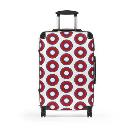 The Very Lumpy Donut Suitcase series - your choice of S, M or L - vivid red donut print w/white background