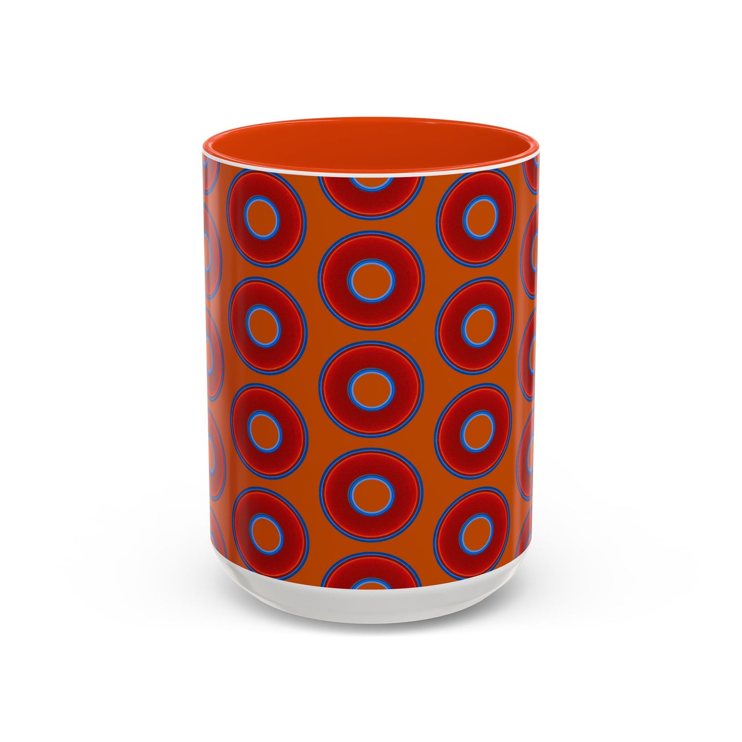 Lump's Grumpy Coffee Mug - vivid red donuts w/dark orange background