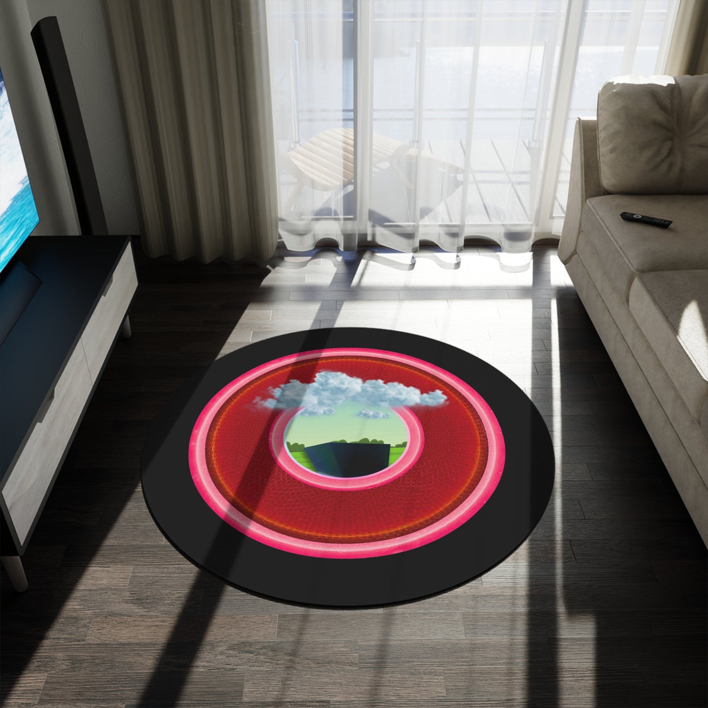 Round Room - 5 ft x 5 ft Lumpy Donut Rug - "Got Rhombus Rug?" - rustic red/pink donut w/black background - variant 3