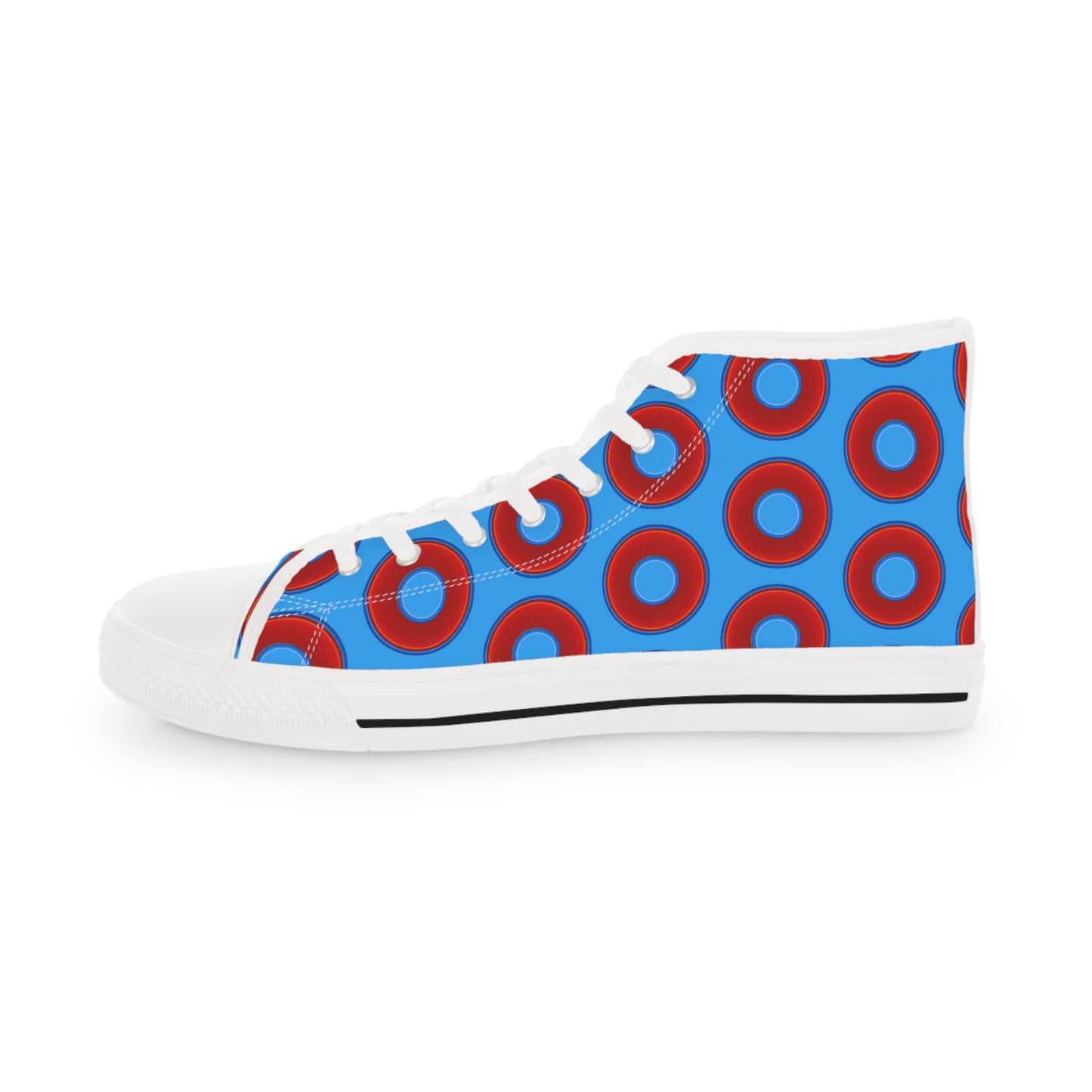 Men's High Top Chucks - large vivid red donut print w/sky royal blue background