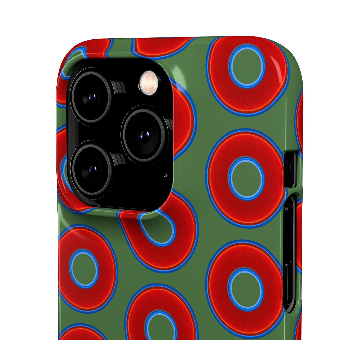 Lumpy Donut Snap Case - red vivid donut print w/dark green background