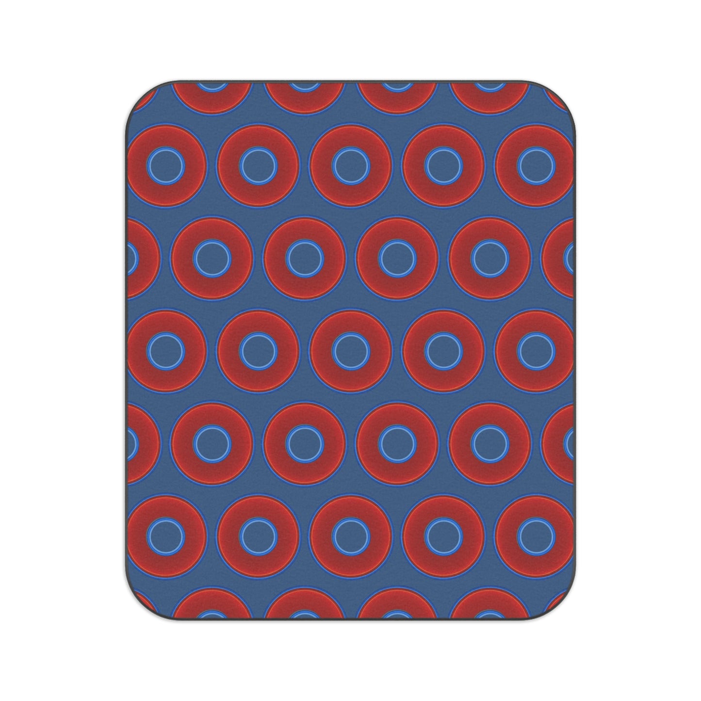 The Lumpy Party Blanket - giant water-resistant outdoor blanket [61" x 51"] - vivid red donuts w/light navy background