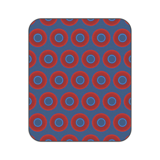 The Lumpy Party Blanket - giant water-resistant outdoor blanket [61" x 51"] - vivid red donuts w/light navy background