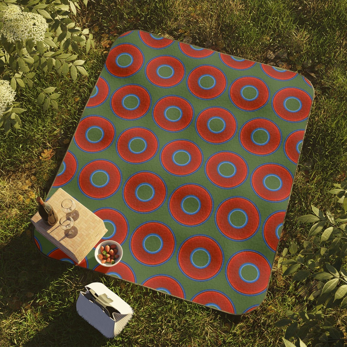 The Lumpy Party Blanket - giant water-resistant outdoor blanket [61" x 51"] - vivid red donuts w/dark green background