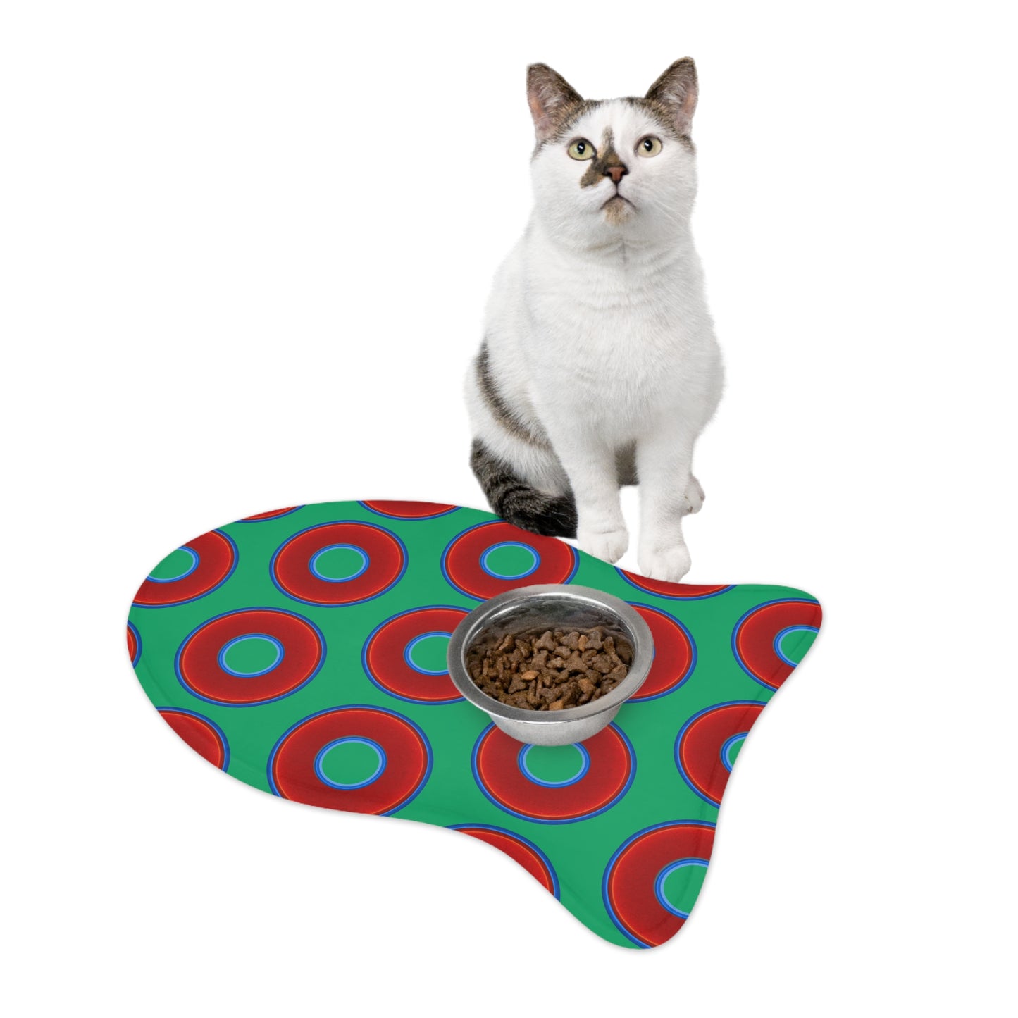 Wendy's Lumpy Pet Feed Mat - vivid red donuts w/jade green background