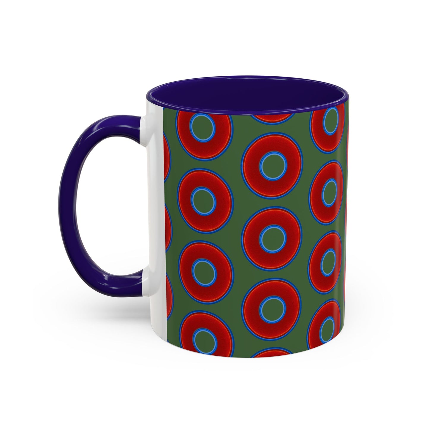 Lump's Grumpy Coffee Mug - vivid red donuts w/dark green background