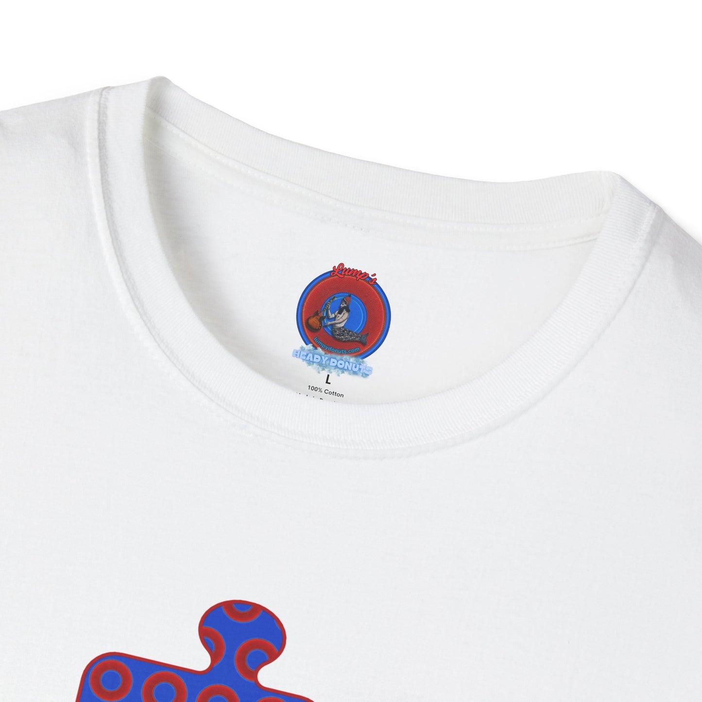 Classic Donut Tee - Unisex Soft-Style - "Trey's Completed Donut Pattern" - vivid red/blue puzzle pattern - variant 2