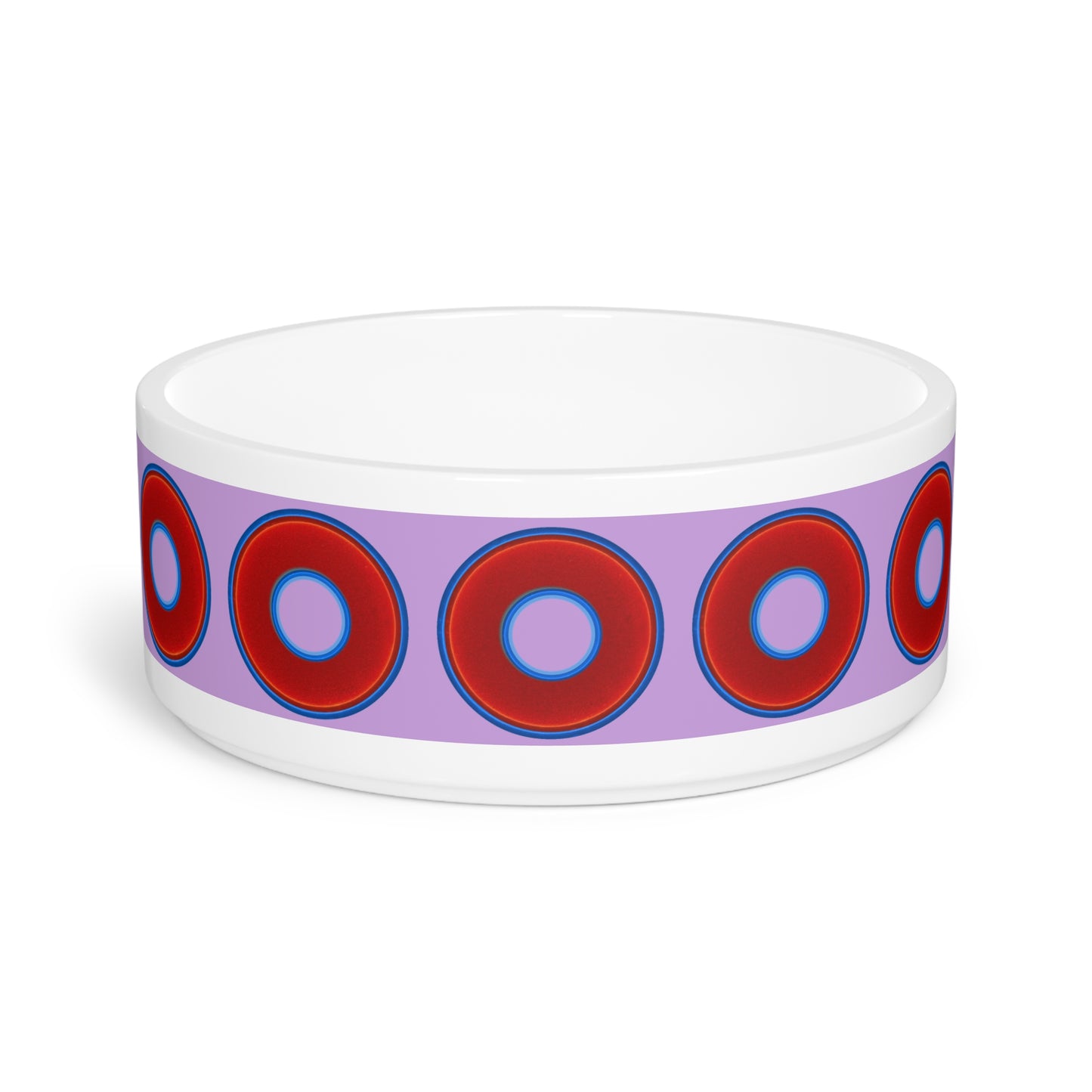 16 oz Lumpy Pet Bowl - vivid red donuts w/wisteria purple background