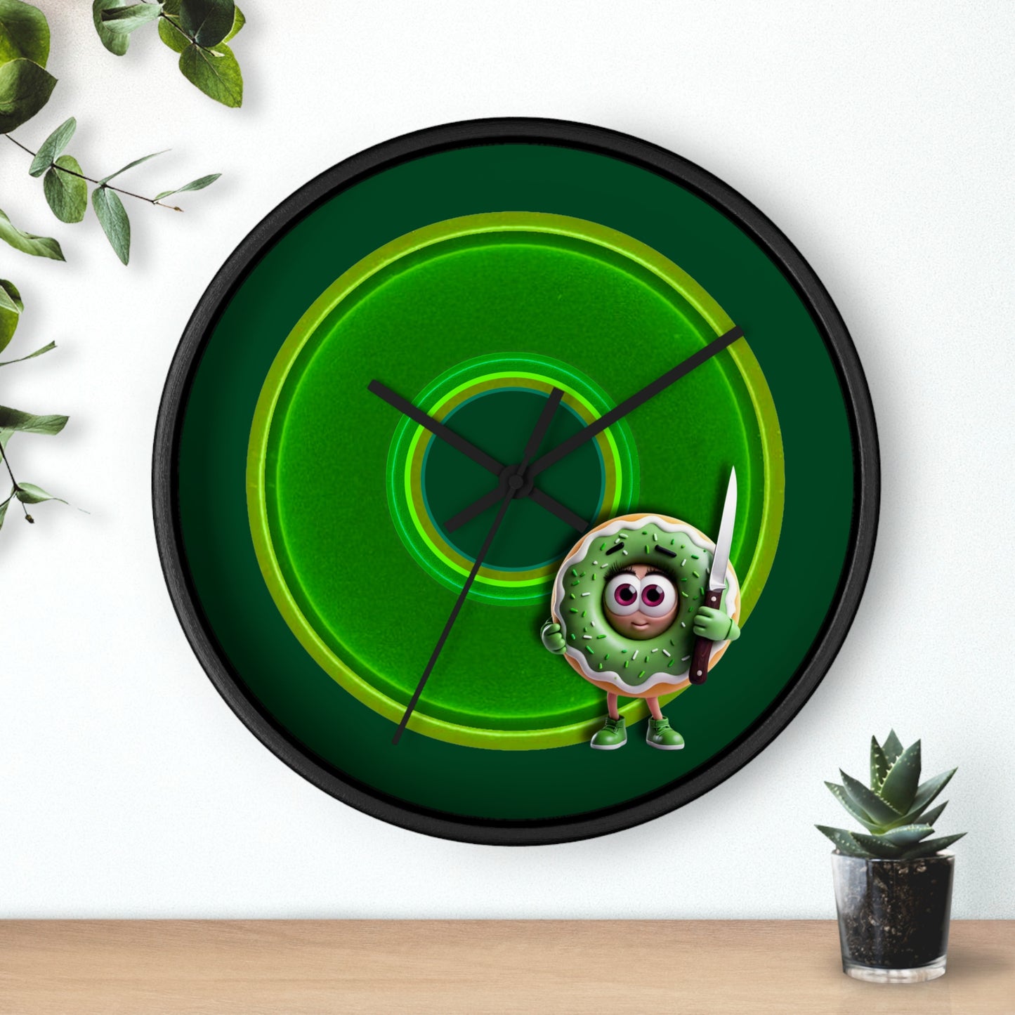 Lumpy Wall Clock - "My Phriend the Donut" - variant 4 - vivid green donut w/deep pond green background