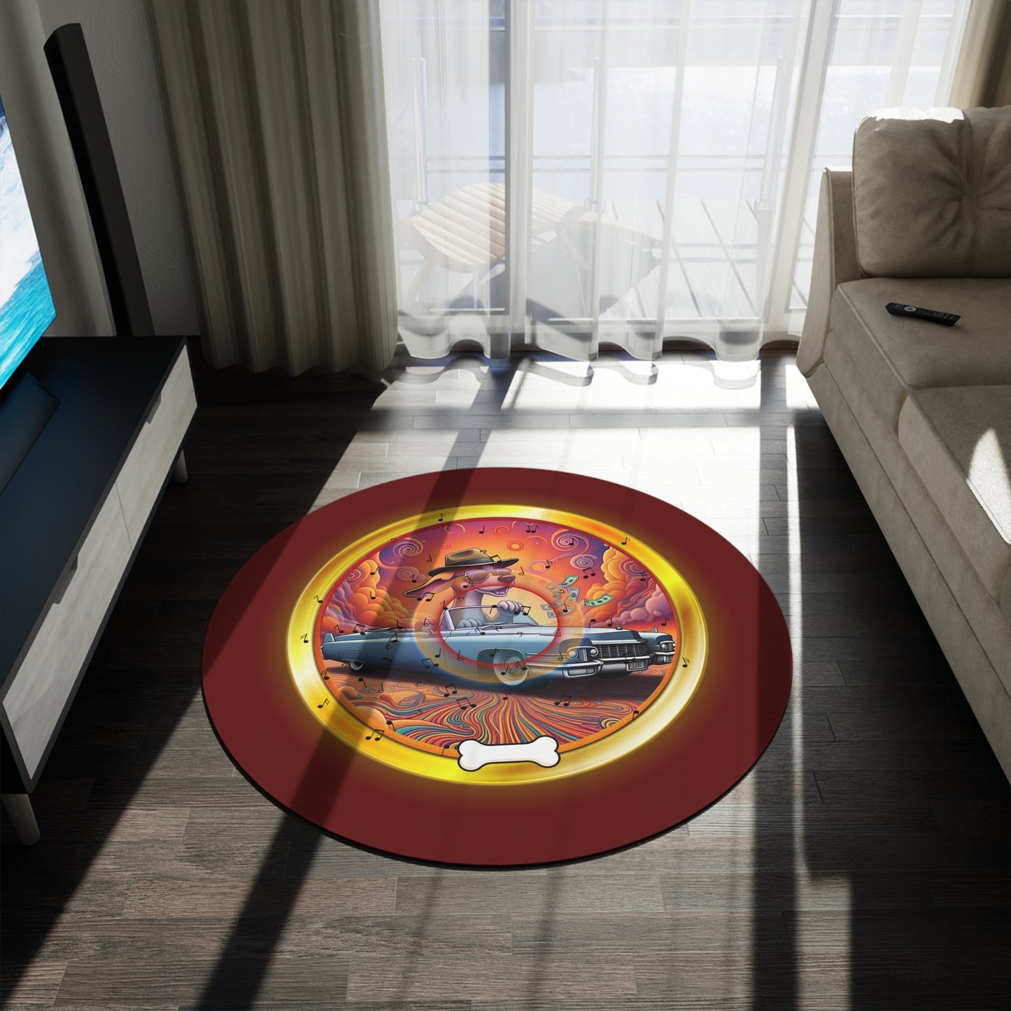 Round Room - 5 ft x 5 ft Lumpy Donut Rug - "Jimmy's Runaway Donut Rug" - vivid gold/orange pic donut w/dark red background - variant 4