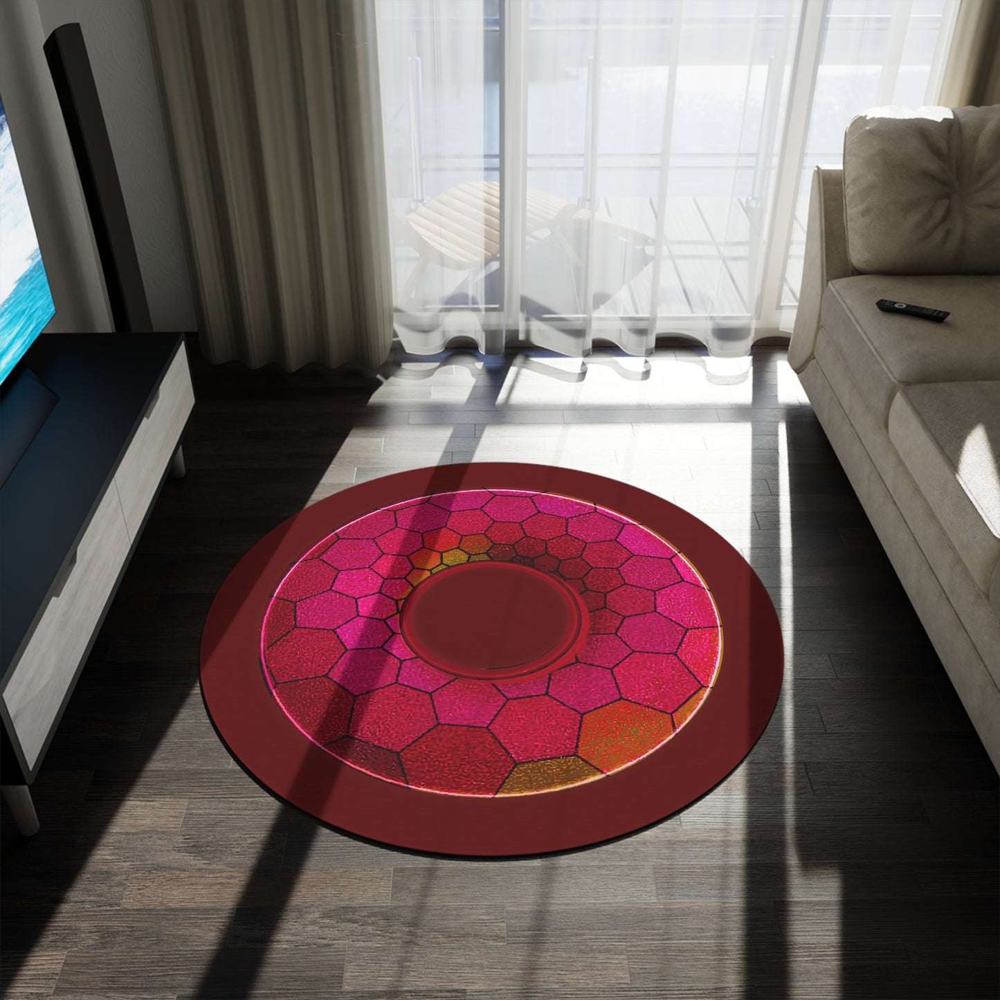 Round Room - 5 ft x 5 ft Lumpy Donut Rug - "Plain Hexadonut" - magenta hexadonut w/dark red background - variant 1