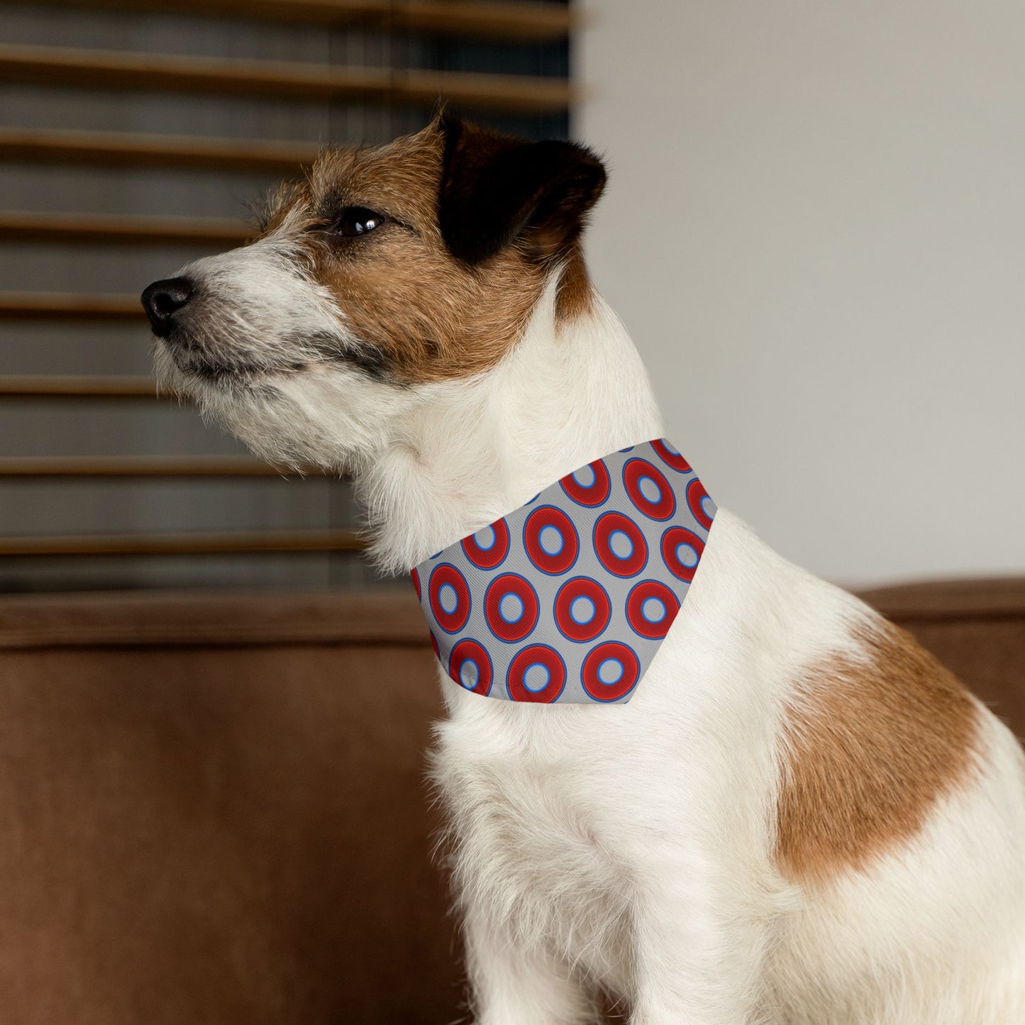 Jim's Lumpy Bandana Pet Collar - vivid red donuts w/light gray background