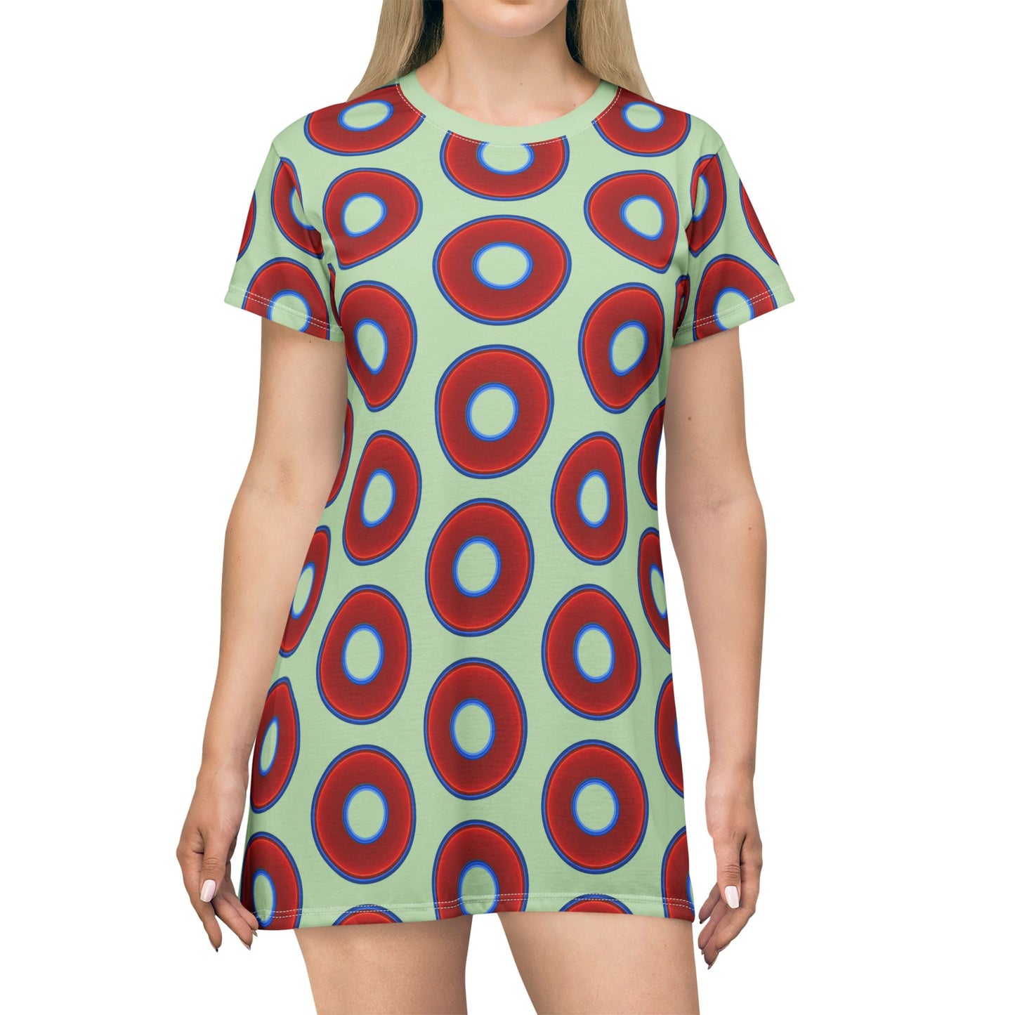 Not a Muumuu AOP Tee Shirt Dress - red vivid donuts w/seafoam green background
