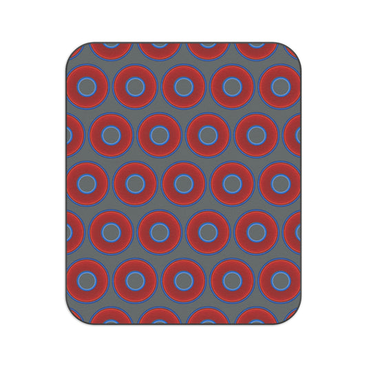The Lumpy Party Blanket - giant water-resistant outdoor blanket [61" x 51"] - vivid red donuts w/dark gray background