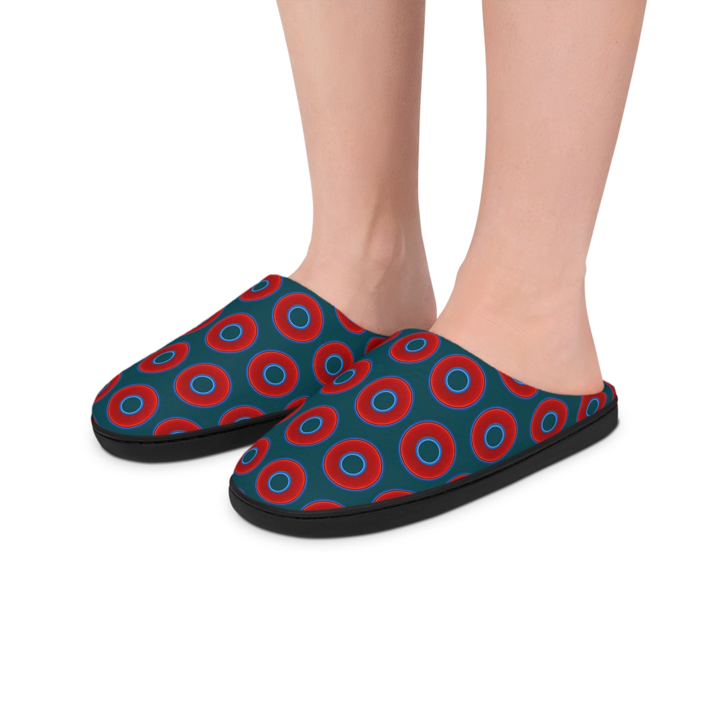 Men's Lumpy Slippers - red vivid donut print w/midnight teal green background