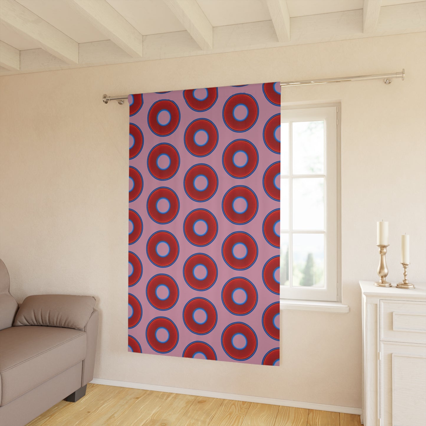 Lump's Heady Curtain w/Donuts - vivid red donut print - w/pale magenta background - [*1 Piece / 50" x 84"]