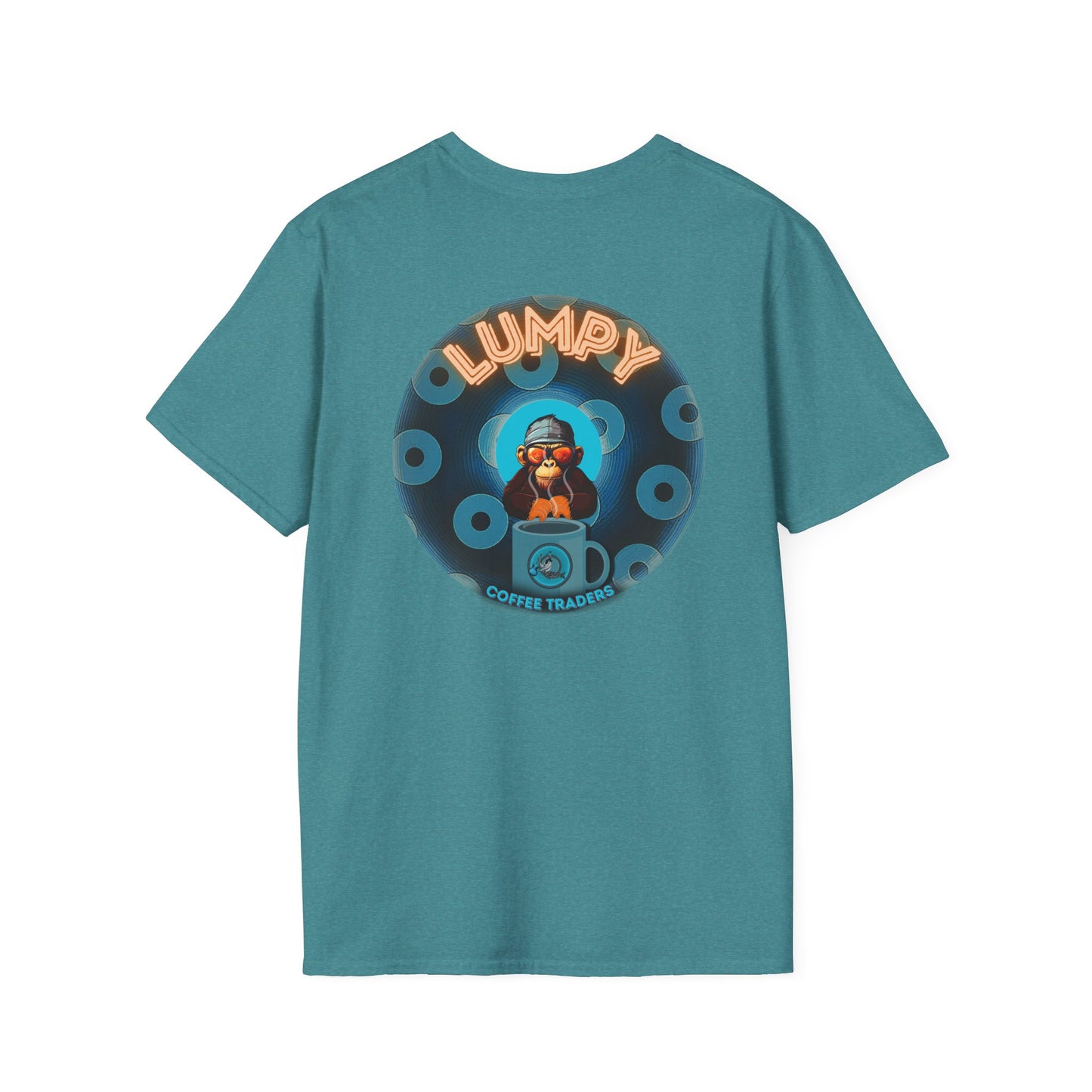 Lumpy Coffee Traders Tee - Unisex Soft-Style - "Good to Last Leaky Drop" - paradoxical donut - variant 2 - ocean donut front/logo back
