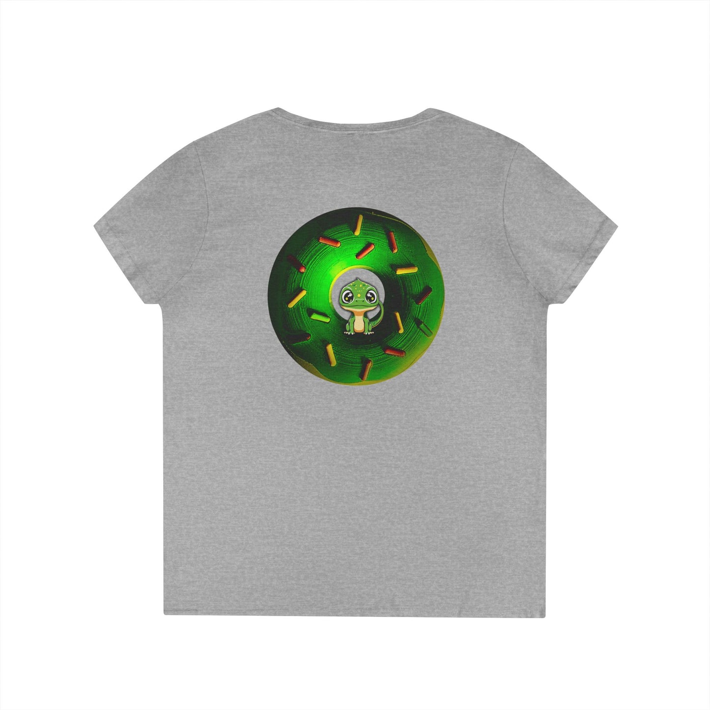 Women's Donut V-Neck Tee - "Little Baby Rutherford" - green cartoon donut w/sprinkles