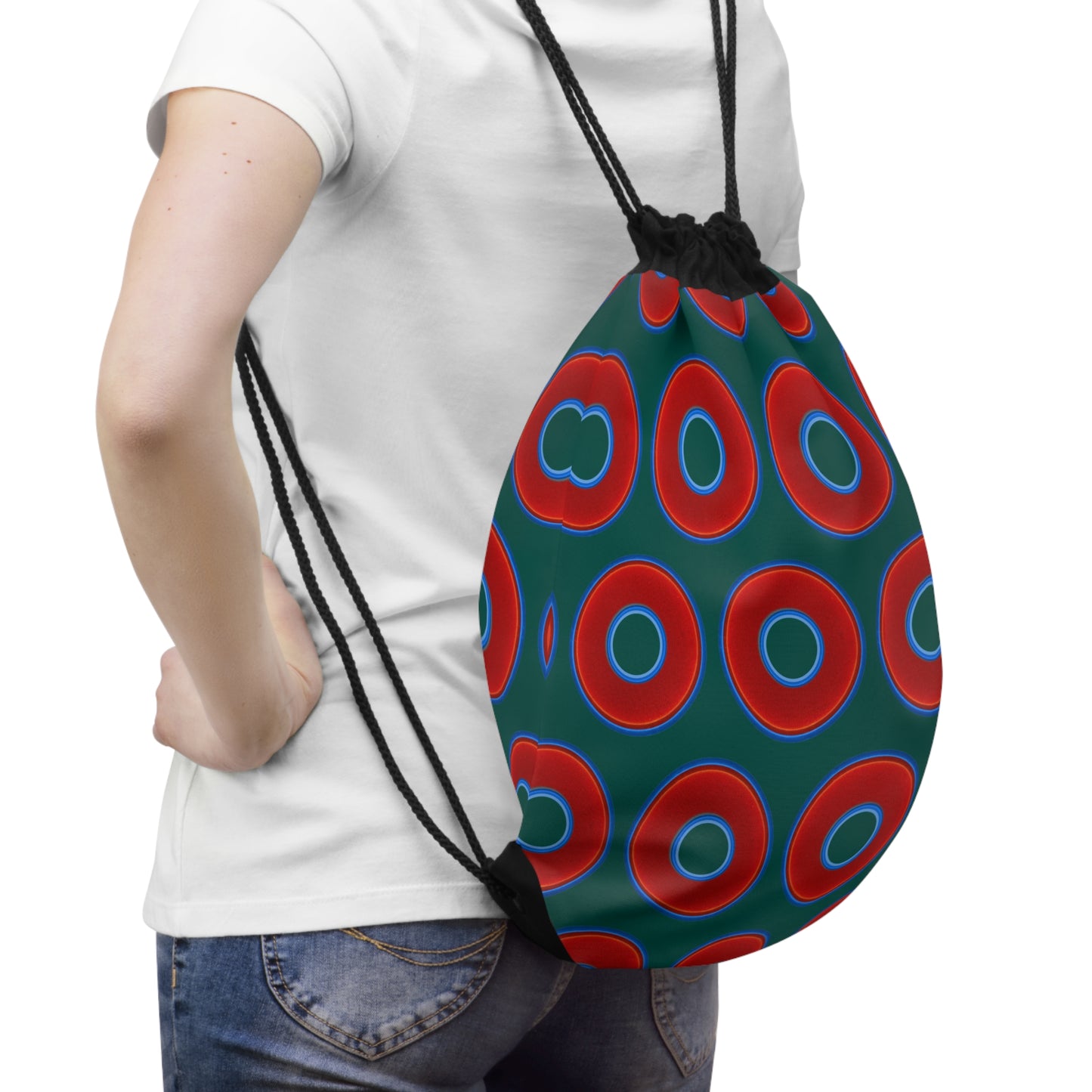 Lumpy Donut Drawstring Bag - red vivid donuts print w/dark grayish green background