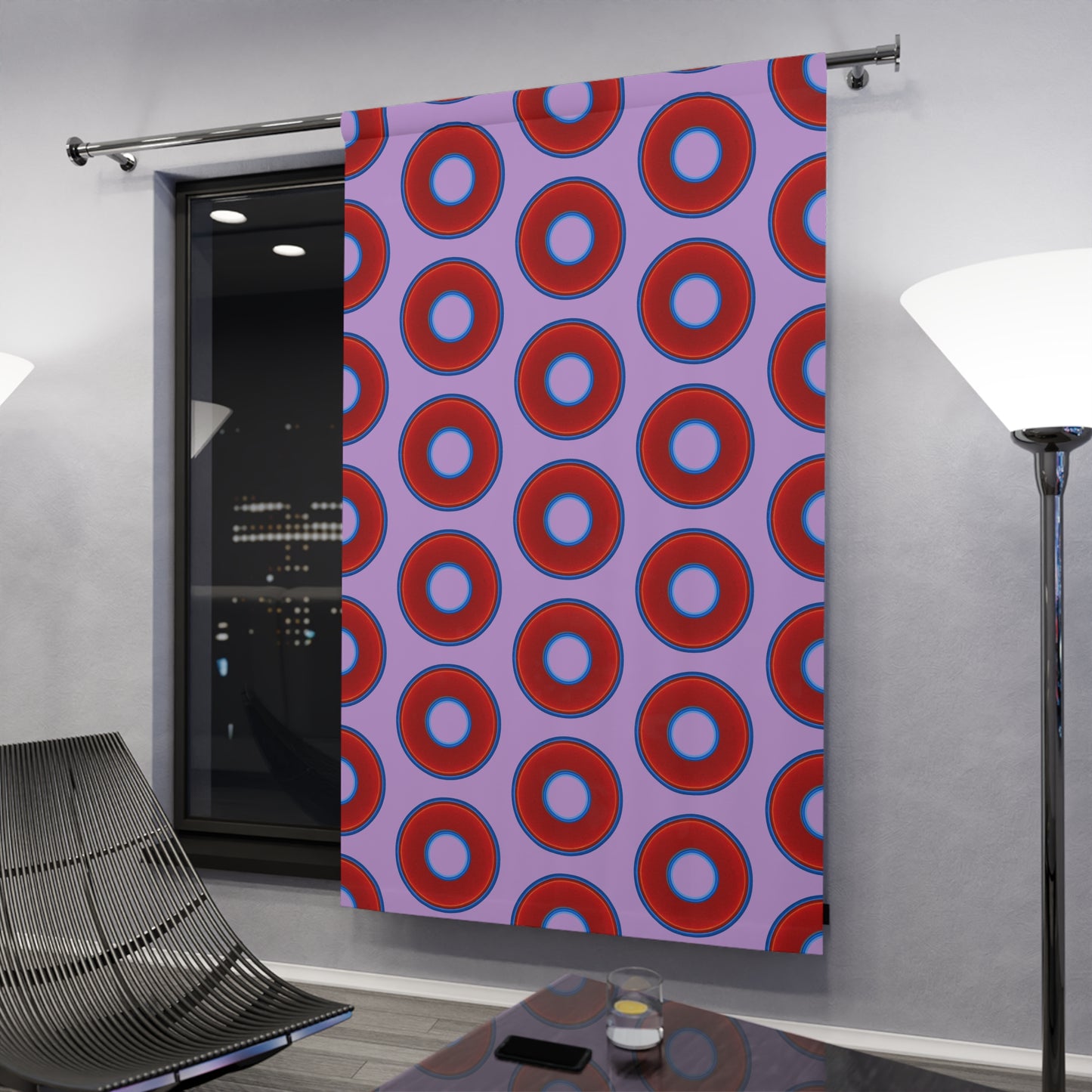Lump's Heady Curtain w/Donuts - vivid red donut print - w/wisteria purple background - [*1 Piece / 50" x 84"]