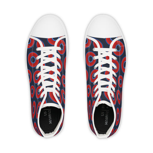Men's High Top Chucks - large vivid red donut print w/midnight teal blue background