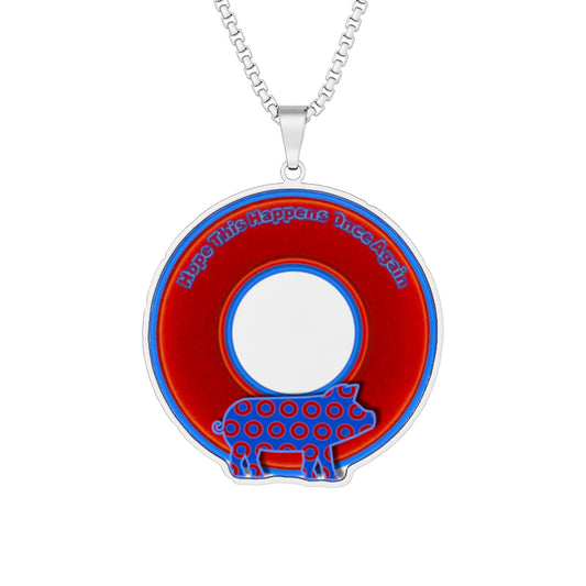 Lump's Heady Donut Necklace - 1" x 1" Stainless Steel Pendant - "Guyute's Tasty Pork Donut" - vivid red/blue donut - variant 3 - hopeful