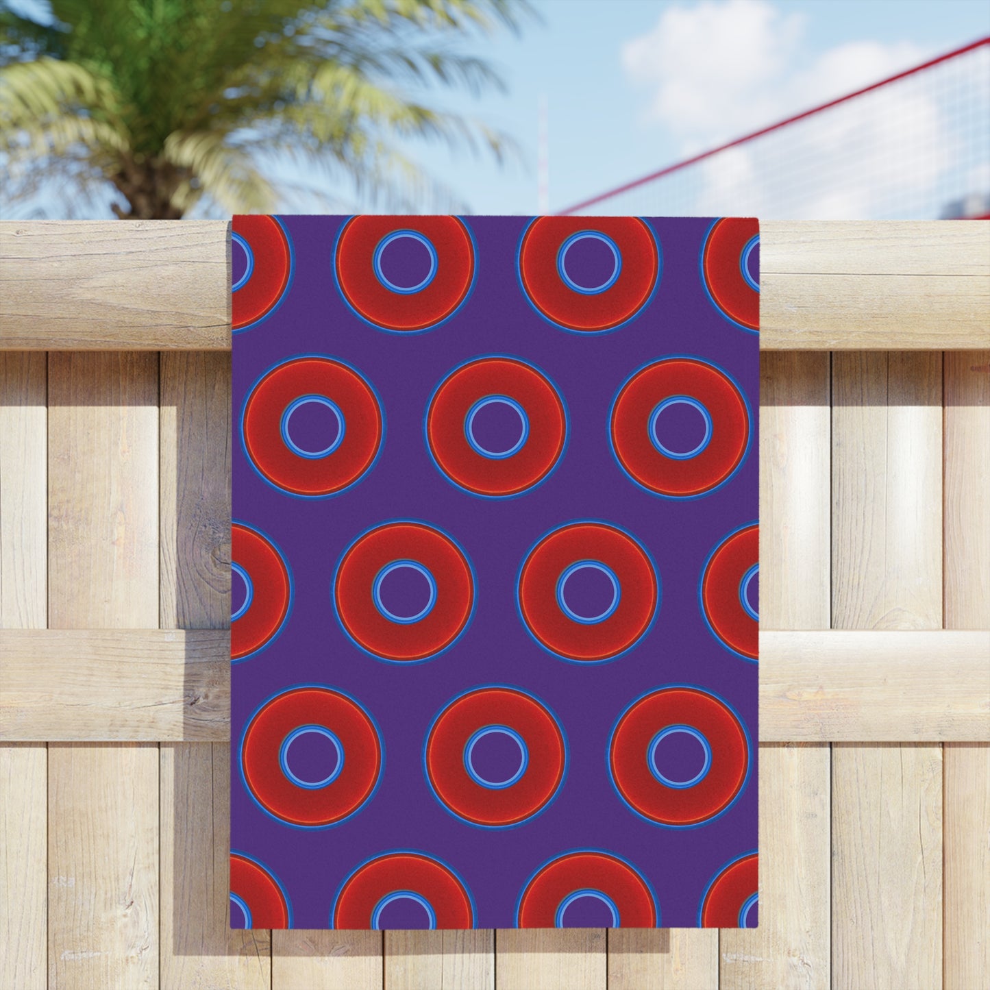 Lumpy Donut Towels - vivid red donuts w/purple background