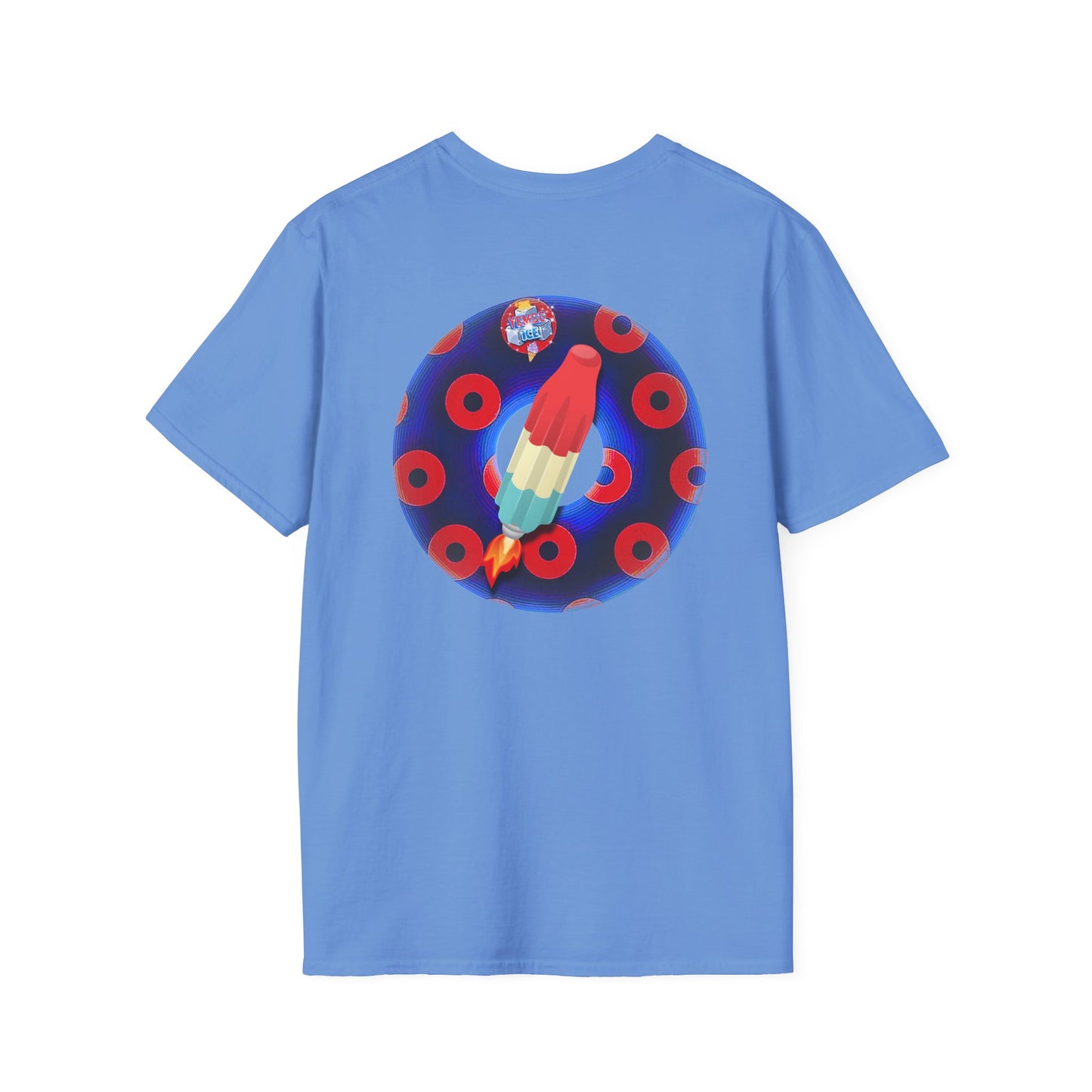 Classic Donut Tee - Unisex Soft-Style - "Blow this Popsicle Stand" - blue/red paradox bomb pop donut - variant 2