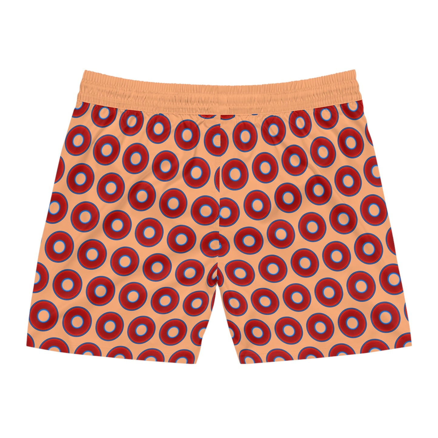 Men's Lumpy Swim Trunks - vivid red donut print w/peach background