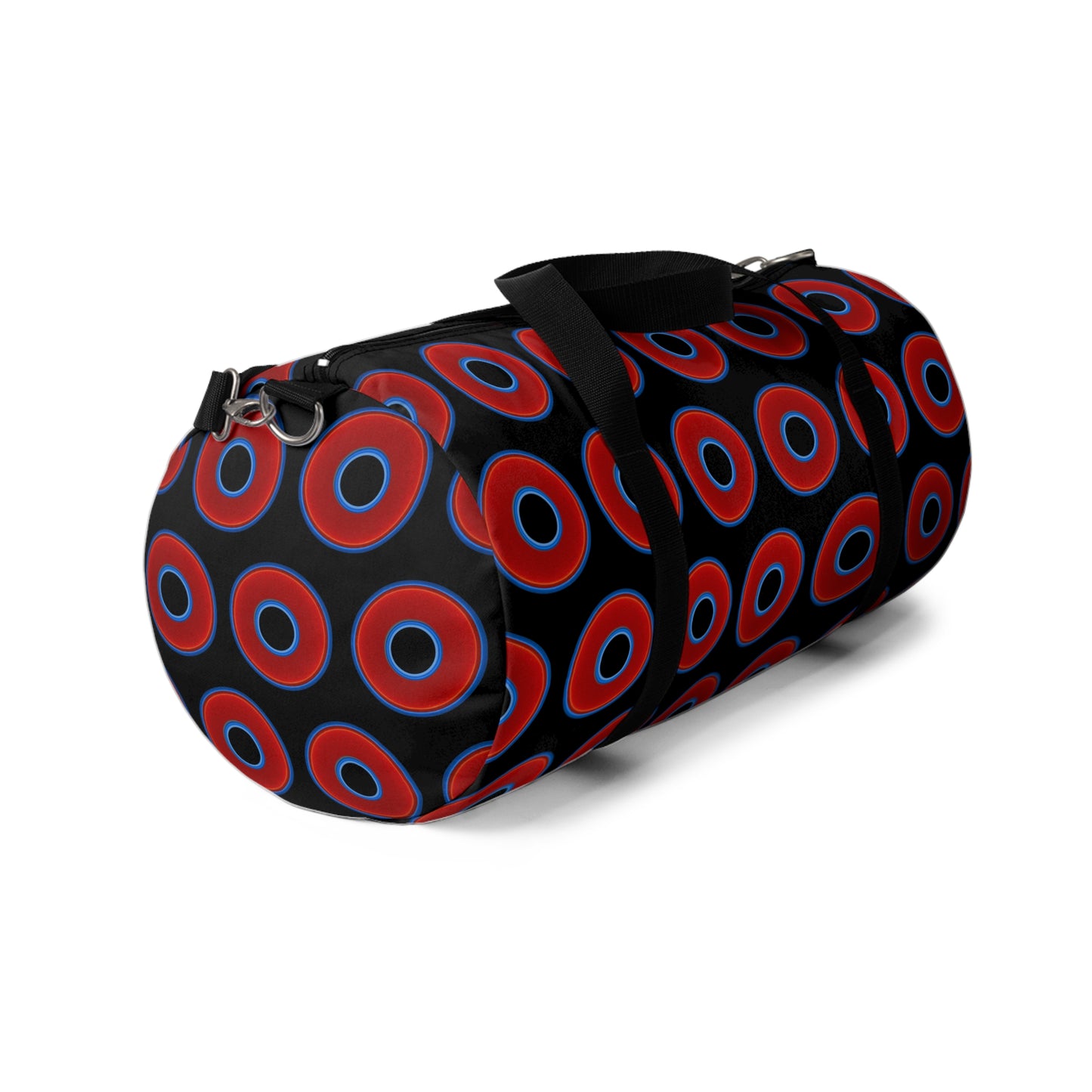 Lumpy Duffel - vivid red donuts w/black background